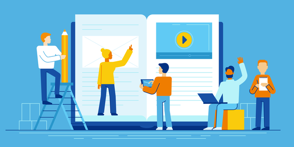 Vector illustration in flat style - online education concept - small people studying near big tablet pc with e-book and online course