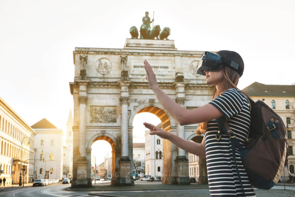 Woman touring Paris with VR glasses